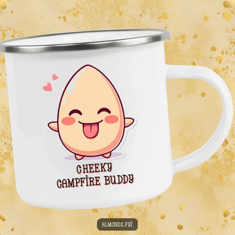 Funny camping mug with a cute almond character sticking its tongue out with a cheeky grin, enjoying the outdoors.