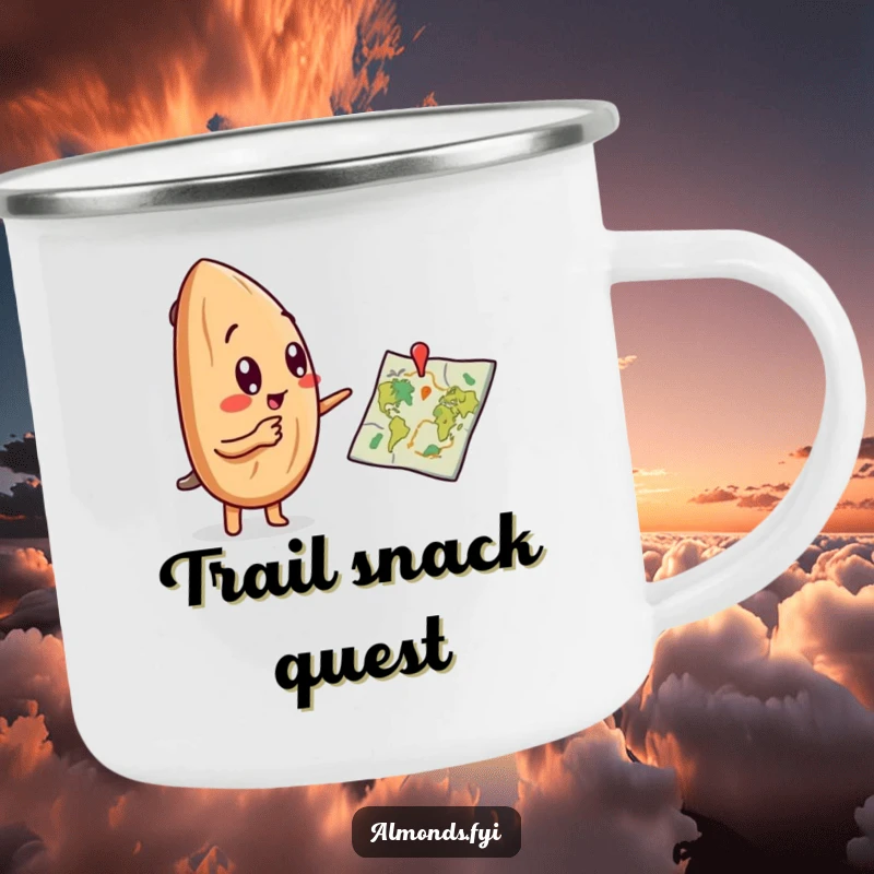 Funny camping mug with a curious almond character pointing at a tiny map, perfect for outdoor adventures.