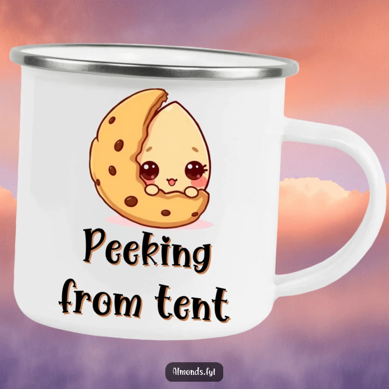 Funny camping mug featuring a curious almond peeking from behind a cookie, symbolizing sweet adventures. Great funny gift.