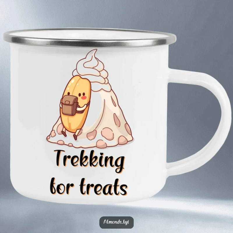 Funny determined almond with a backpack hiking up a whipped cream mountain, on an enamel camping mug.