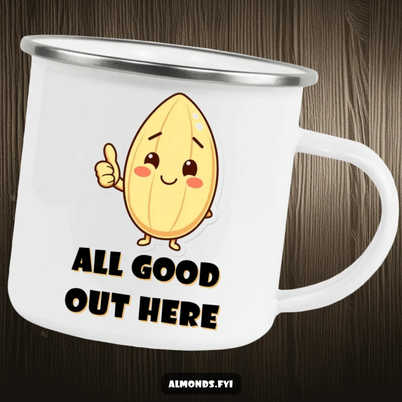Funny camping mug with a happy almond character giving a thumbs up, perfect for enjoying beverages during outdoor activities.