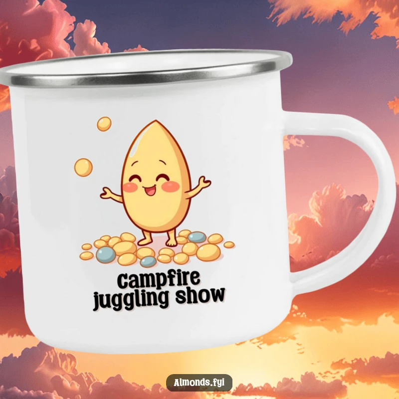 Funny camping mug with a giggling almond character juggling small pebbles, durable for outdoor use and cheerful vibes.