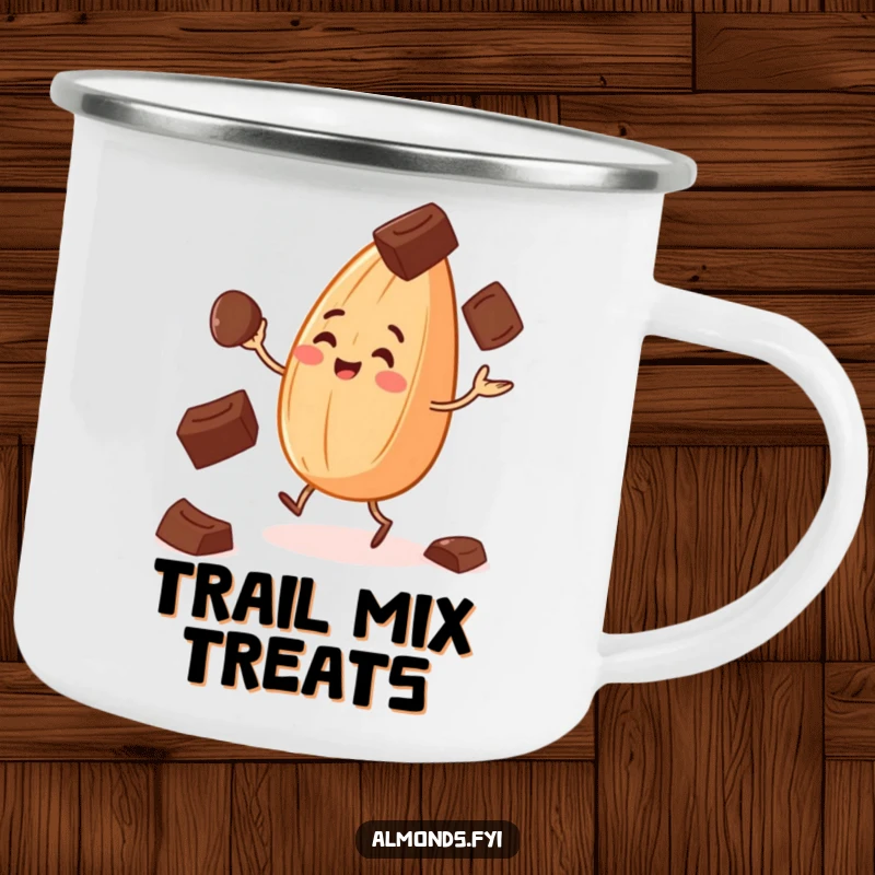 Funny camping mug with a cheerful almond juggling chocolate chips, perfect for humorous outdoor adventures.