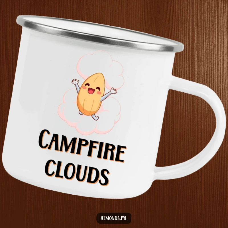 Funny camping mug with a delighted almond character leaping into a giant marshmallow cloud, perfect for morning coffee in nature.