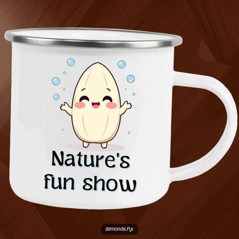 Funny camping mug with a playful, round almond character gleefully juggling tiny dew drops, enjoying the great outdoors.