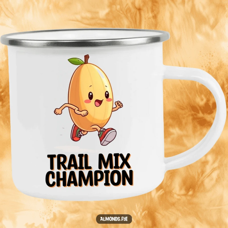 Funny camping mug with an anthropomorphic almond wearing tiny sneakers, running a race, for adventurous mornings.