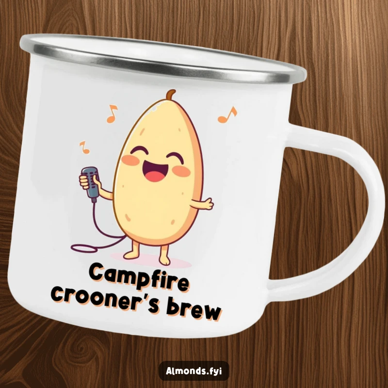 Funny camping mug with a joyful almond character holding a tiny microphone, singing happily in an outdoor setting.
