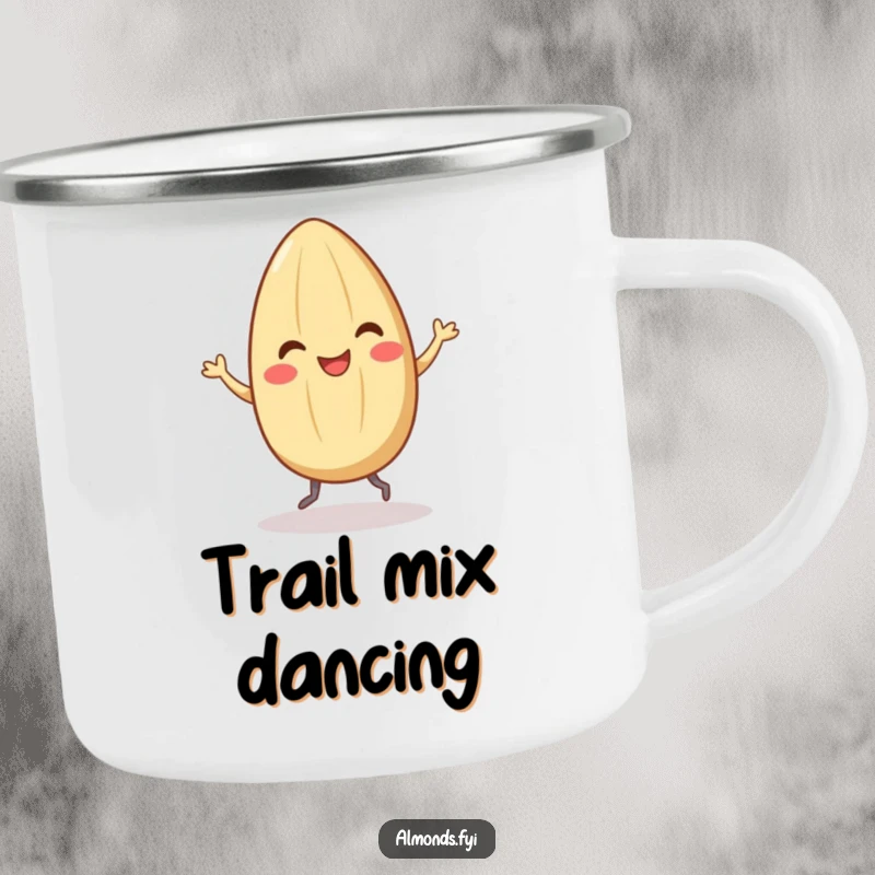 Funny camping mug with a smiling almond character dancing with tiny legs, inspiring a joyful and humorous start to any outdoor activity.