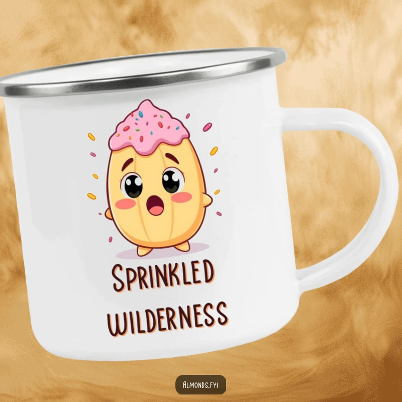 Funny camping mug featuring a happy almond character with wide eyes, surprised by a giant sprinkle, perfect for outdoor enjoyment.