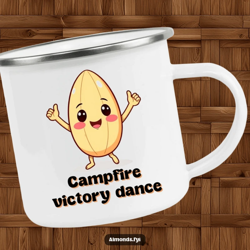 Funny camping mug featuring a smiling almond with small arms doing a spirited victory dance, perfect for sipping hot beverages outdoors.