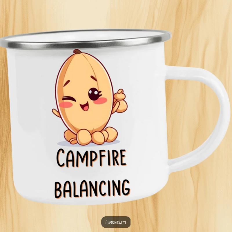 Funny camping mug with a mischievous almond character winking while balancing a stack of tiny nuts outdoors.