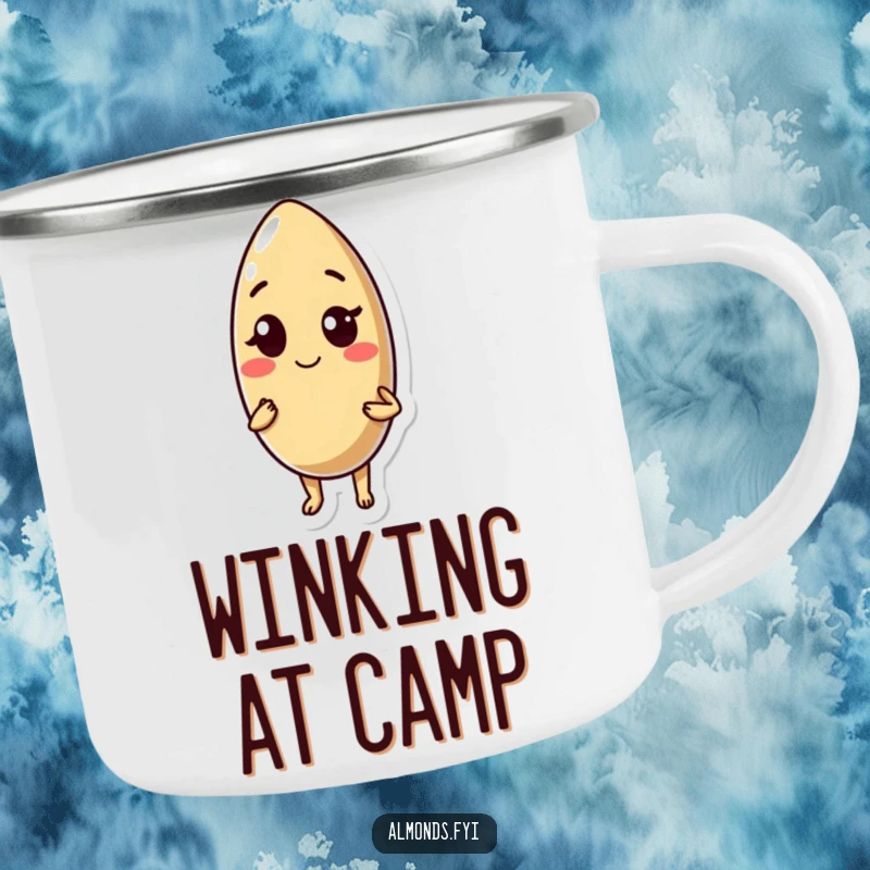 Funny camping mug: charming almond character offering a confident wink, perfect for enjoying beverages on the go.