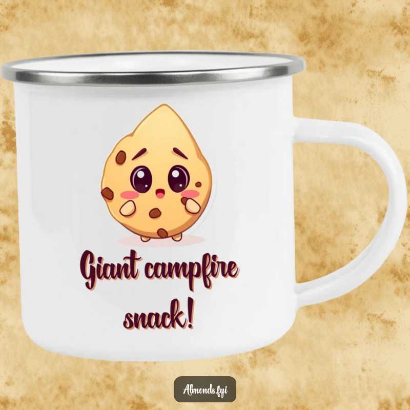 Funny camping mug depicting a wide-eyed almond character surprised by a giant cookie, perfect for campfire enjoyment.