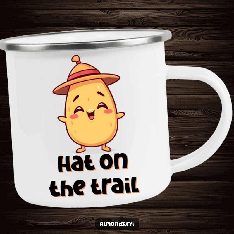 Funny camping mug with a mischievous almond character balancing a tiny hat, durable for adventures and lighthearted moments.