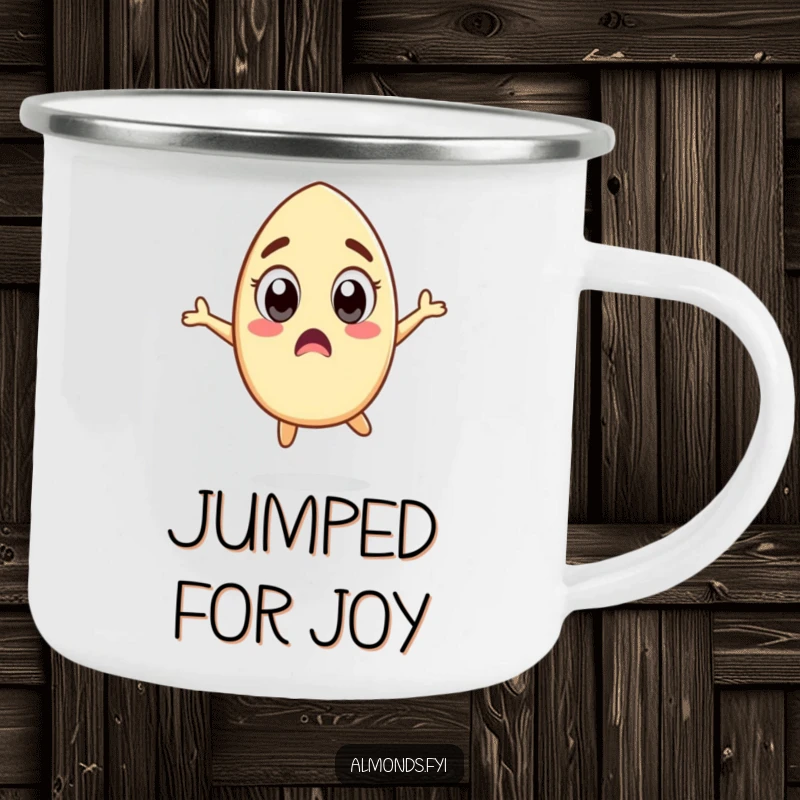 Funny camping mug showing a surprised almond character with wide eyes doing a silly jump, perfect for enjoying drinks outdoors with a laugh.