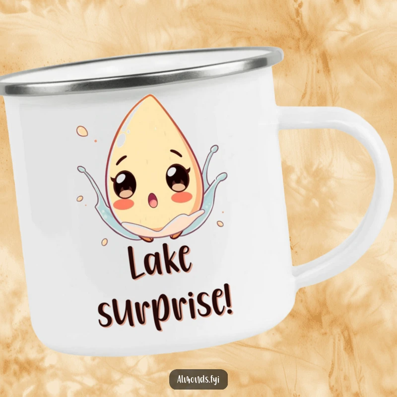 Funny almond character with exaggerated, surprised eyes floating in a splash on a rugged camping mug for outdoor fun.