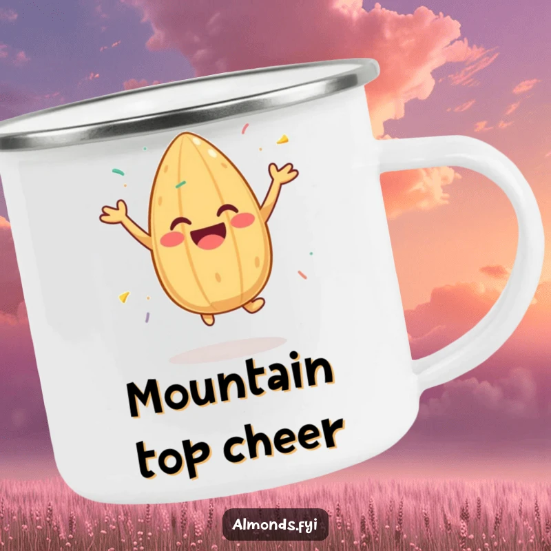 Funny camping mug with a cheerful almond character jumping with sprinkles, ideal for sipping hot beverages during joyful outdoor excursions.