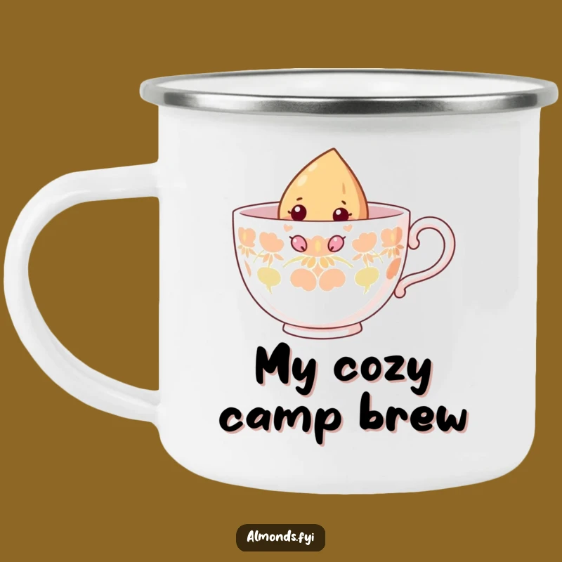 Funny Curious Almond Teacup Camping Mug: Peeking Nut's Cozy Brew - Adventure Gift!
