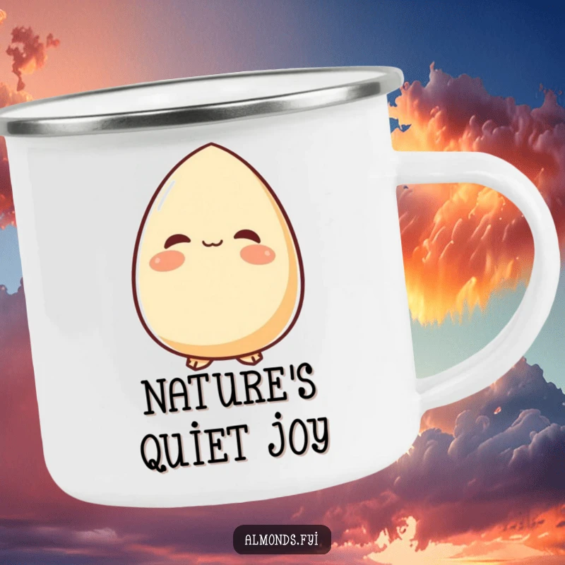Funny camping mug with a content almond character looking upwards with a peaceful smile, designed for tranquil outdoor moments.