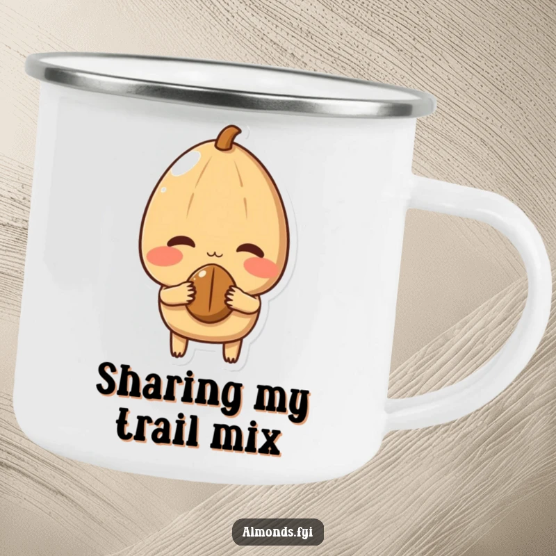 Funny Camping Mug showing a shy almond character blushing and offering a nut, designed for warm drinks and bashful moments.