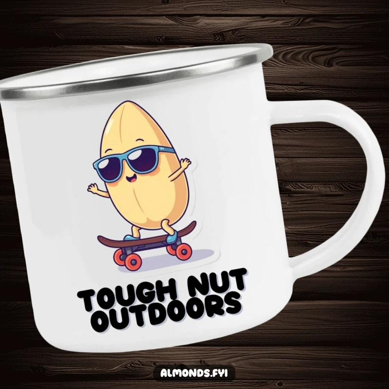 Funny camping mug showing a smiling almond character in sunglasses riding a tiny skateboard, perfect for humorous outdoor chill sessions.
