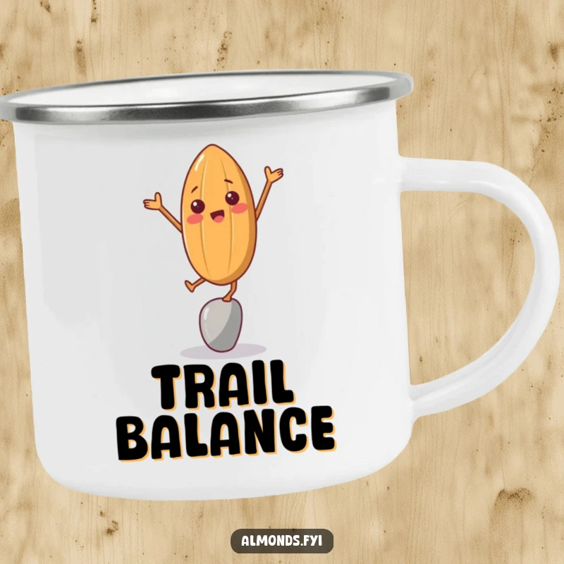 Funny camping mug with a cheerful almond character attempting balance, ideal for outdoor humor.