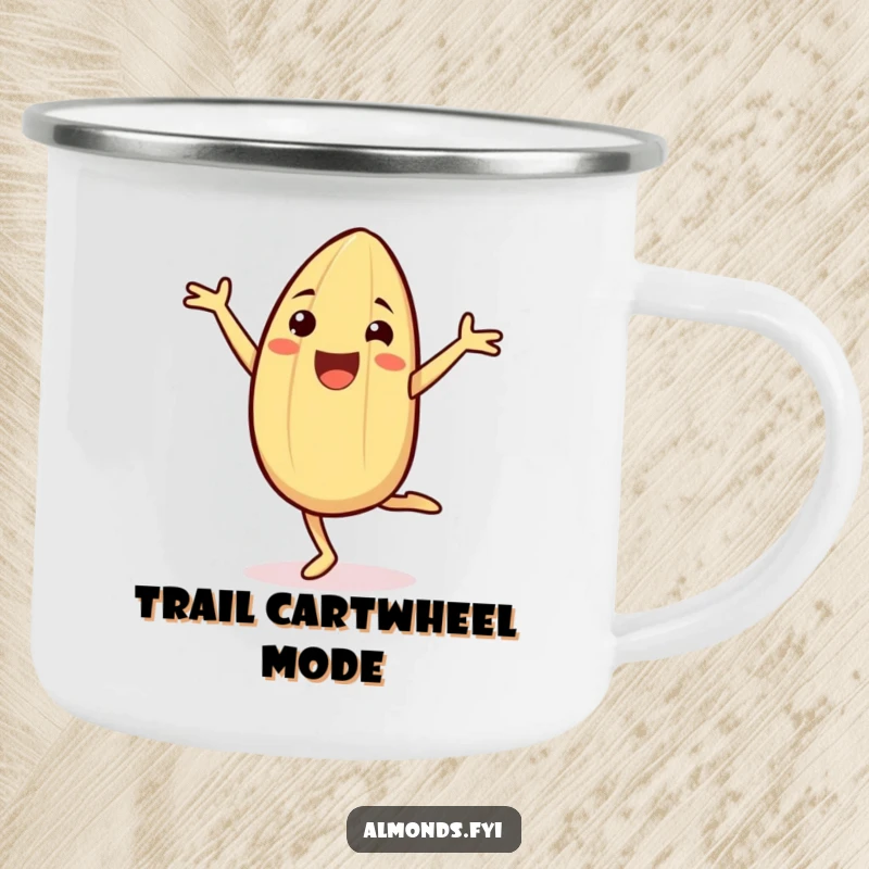 Funny Camping Mug showing a cheerful almond character doing a cartwheel, designed for energetic sips and outdoor fun.