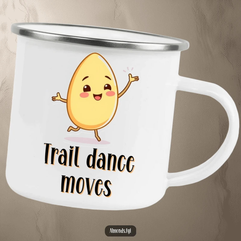 Funny almond character dancing with tiny, wiggling legs on a rugged camping mug, perfect for outdoor fun.