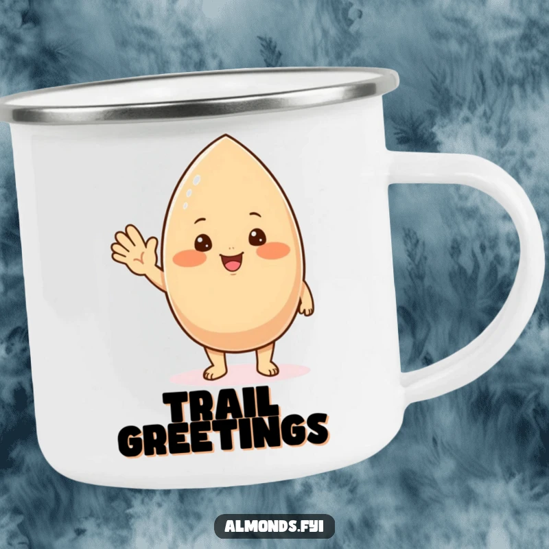 Funny camping mug with a chubby, blushing almond character offering a wave, perfect for cheerful outdoor moments.