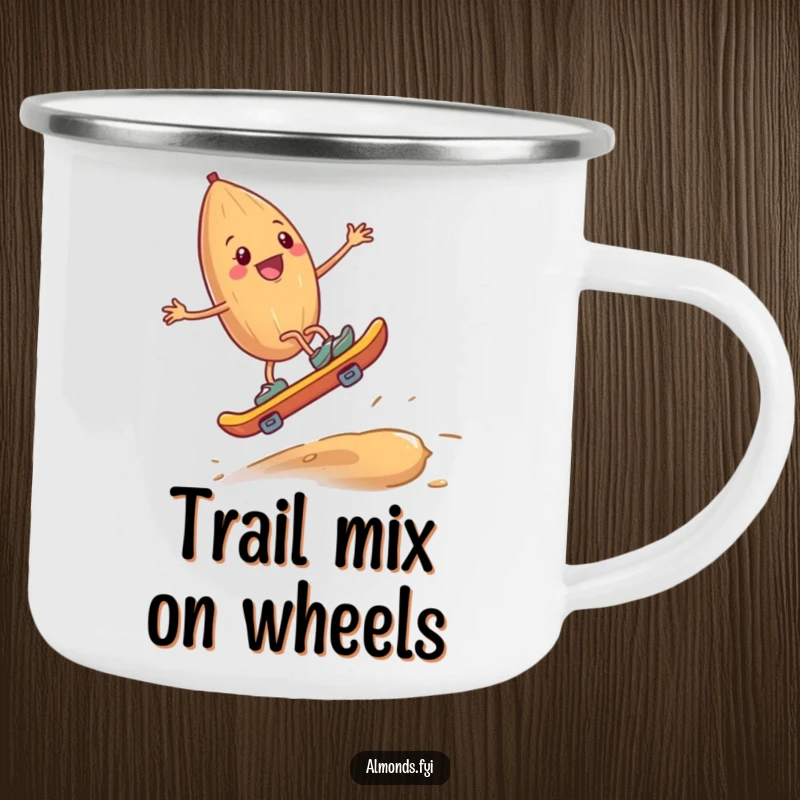 Funny camping mug featuring a happy almond with tiny legs skateboarding on a cashew, a sturdy and humorous mug for adventurers.