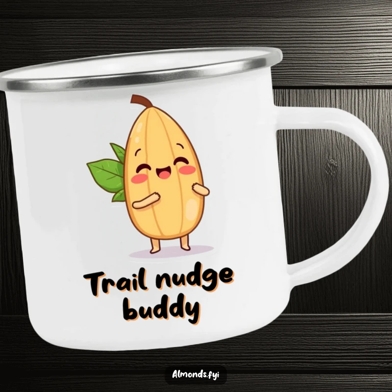 Funny camping mug featuring a happy almond character playfully bopping a smaller almond with its tip, perfect for outdoor enjoyment.