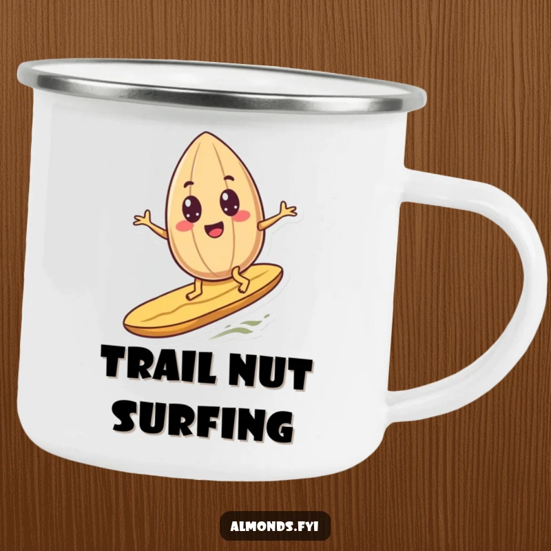 Funny googly-eyed almond character hilariously surfing a peanut on a durable enamel camping mug, ideal for outdoor fun.