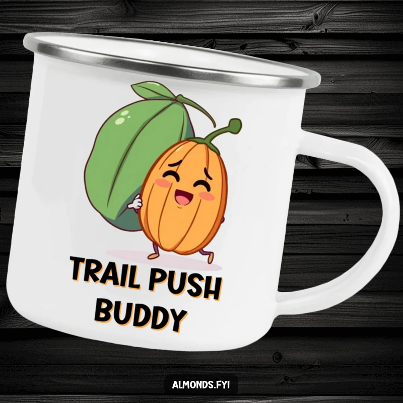 Funny camping mug with a determined almond character pushing a big, friendly raisin, great for outdoors.