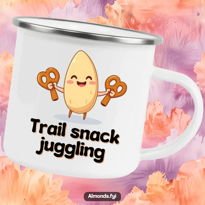 Funny camping mug featuring a happy almond character juggling three giant pretzels, perfect for outdoor enjoyment.
