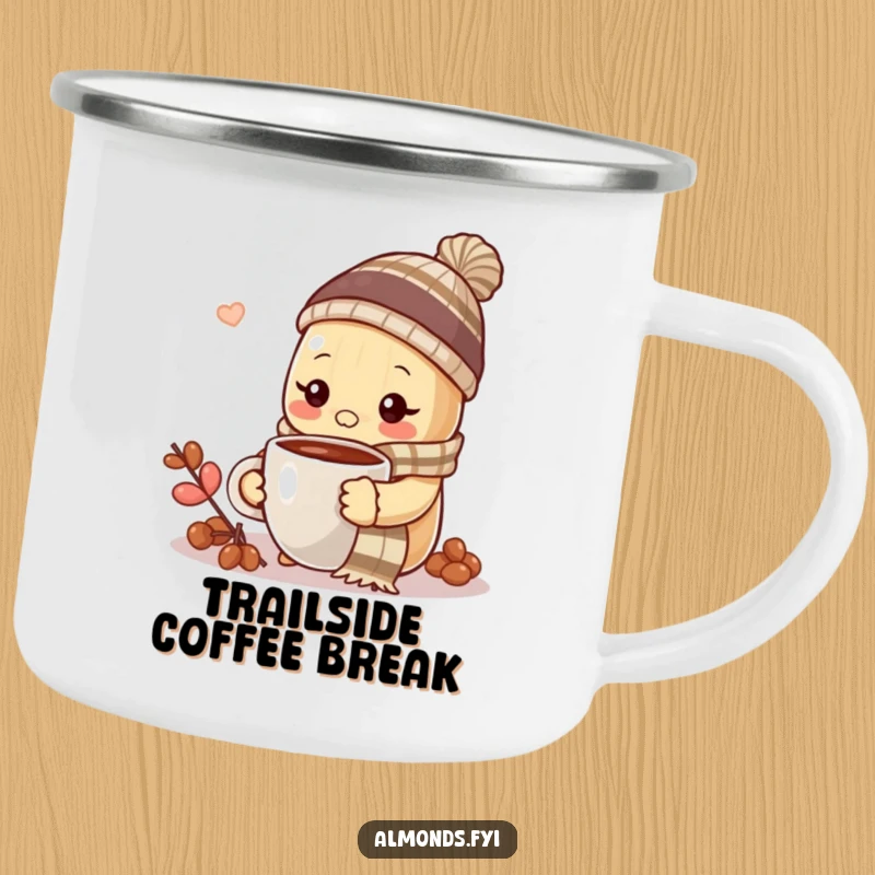 Funny almond wearing a scarf and hat, enjoying hot coffee, on an enamel camping mug.