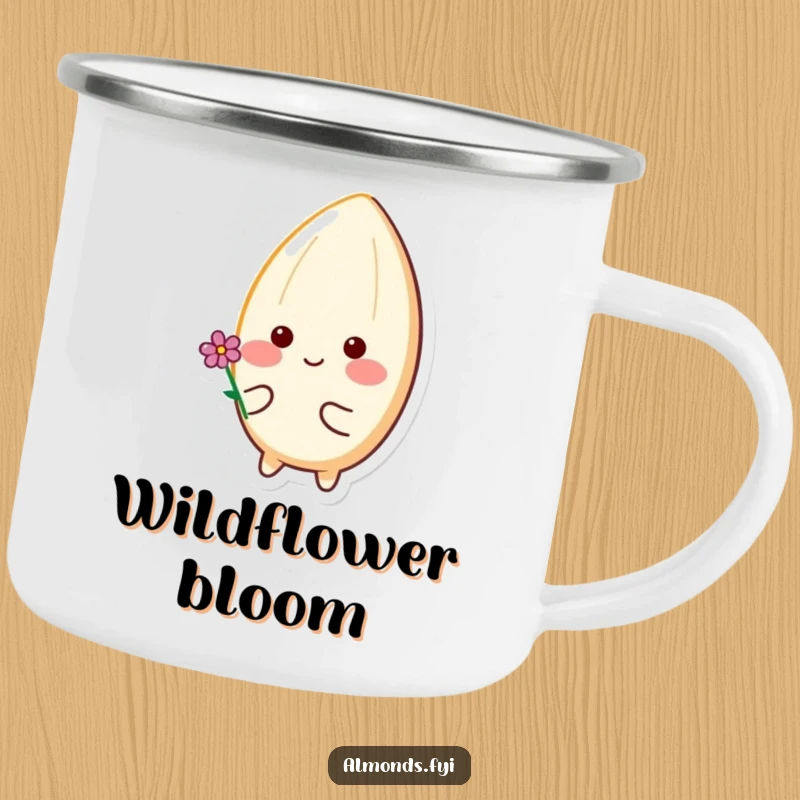 Funny camping mug with a happy almond character with rosy cheeks holding a tiny flower, perfect for morning coffee in nature.