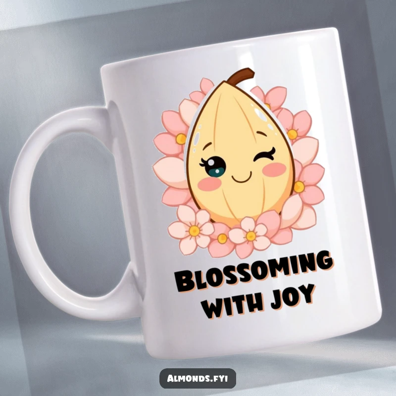 Funny mug with a smiling almond character joyfully surrounded by colorful petals, evoking a sense of happiness and spring.