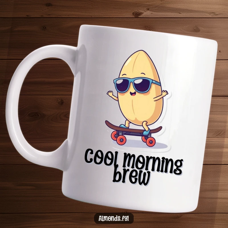 Funny mug featuring a smiling almond character wearing sunglasses, coolly riding a tiny skateboard, radiating ultimate chill.