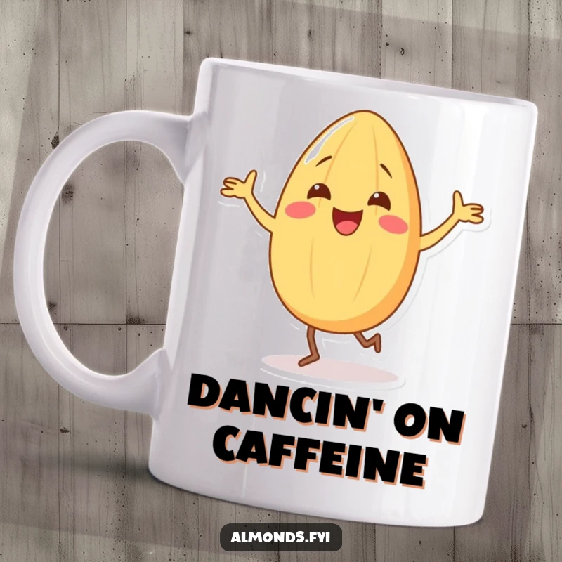 Funny mug showing a happy almond character performing a silly dance with its comically tiny legs, full of glee.
