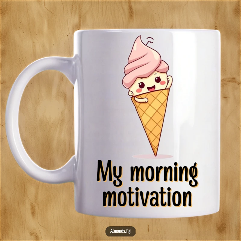 Funny mug: determined almond character heroically climbing a towering, slippery ice cream cone, symbolizing ambitious goals and sweet victories.