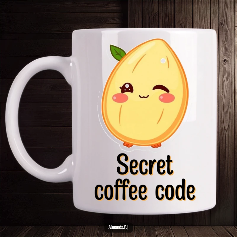 Funny mug showing a winking almond character with its little shell face, conveying playfulness and secret humor.