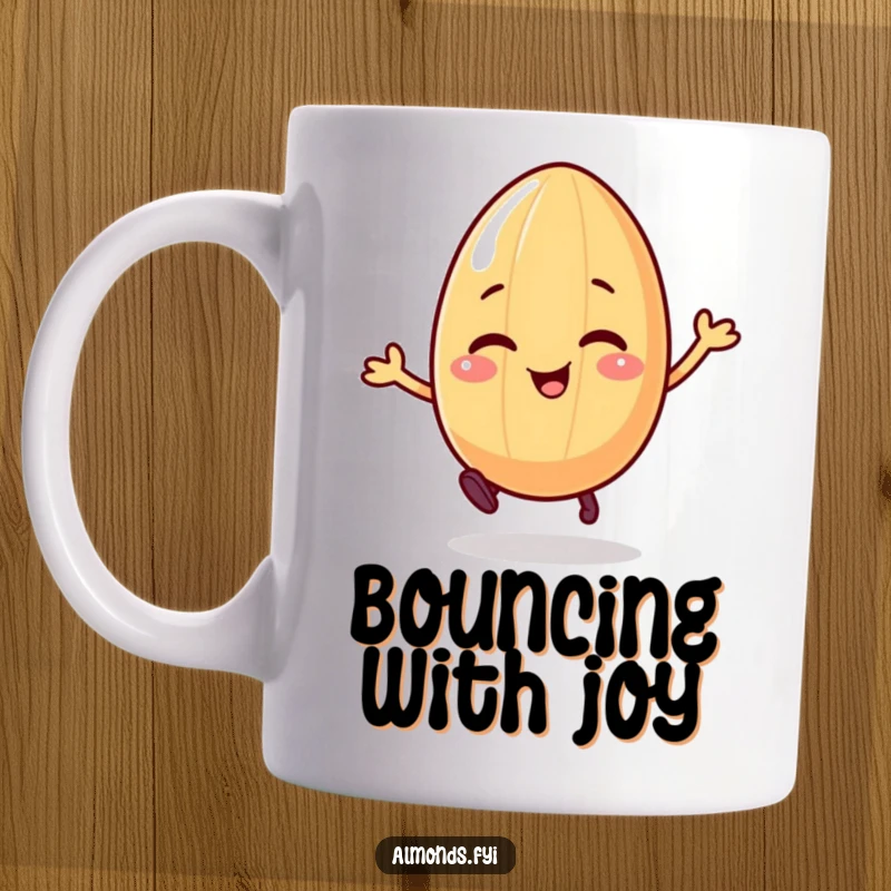 Funny mug with a giggling almond character on legs, joyfully bouncing, radiating infectious happiness.