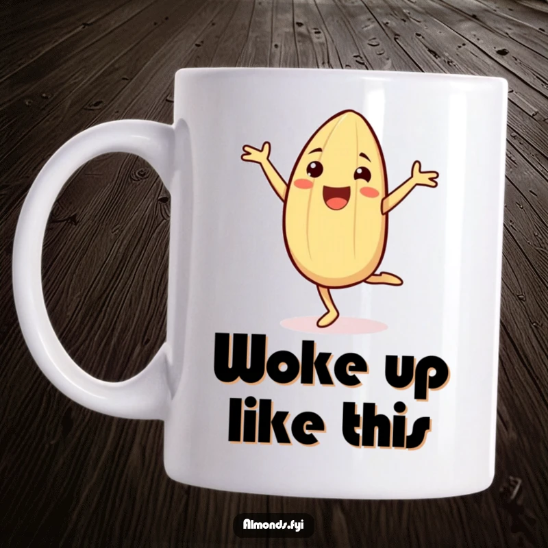 Funny Mug showcasing a cheerful almond character performing a joyful cartwheel with pure glee, radiating energetic happiness.
