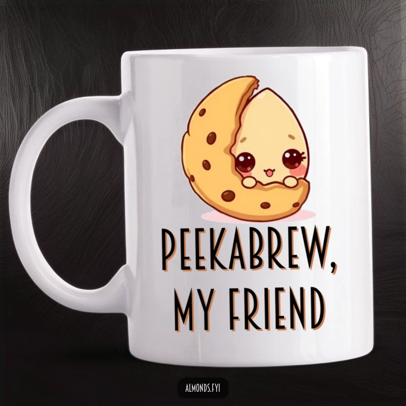 Funny mug with a curious almond character peeking from behind a cookie, hinting at a delightful treat. Ideal funny gift.