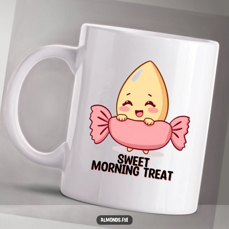 Funny almond character giggling while peeking from behind a giant candy wrapper, featured on a coffee mug.