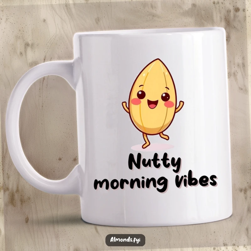 Funny mug with a happy almond character doing a little jig, its shell wiggling joyfully, bringing a smile.