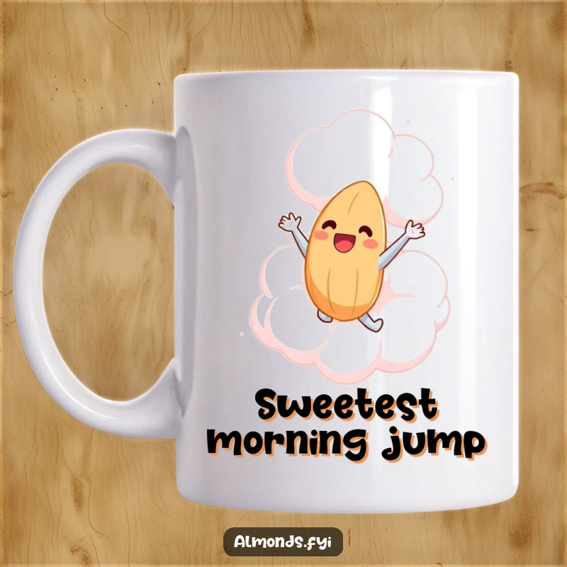 Funny mug depicting a happy almond character joyfully leaping into a large, soft, and friendly marshmallow cloud, radiating pure delight.