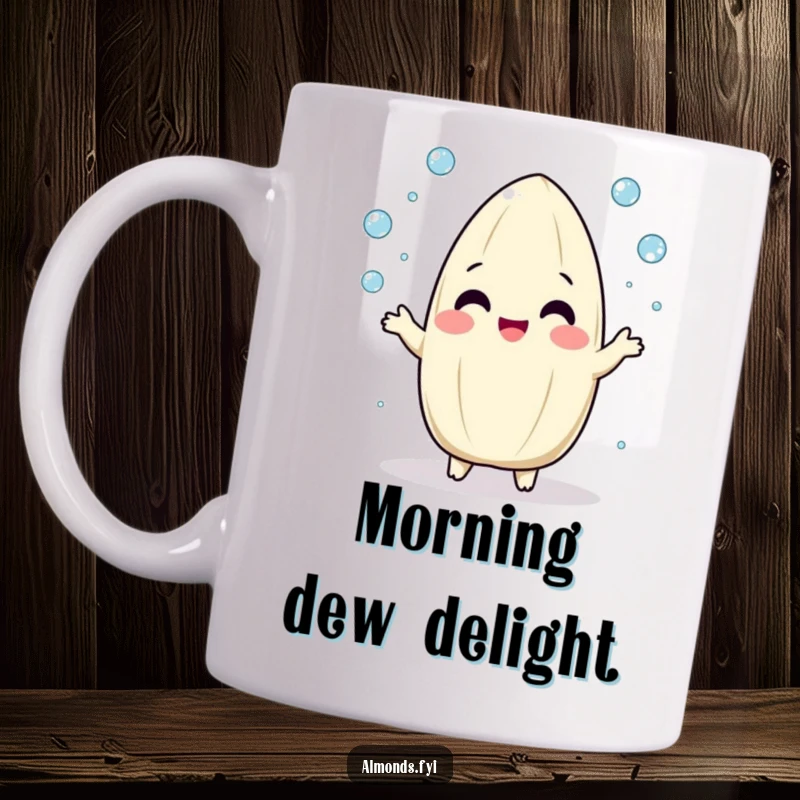 Funny mug featuring a playful, round almond character gleefully juggling tiny, sparkling dew drops.