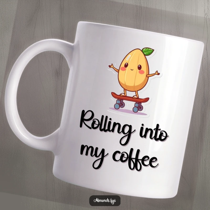 Funny mug depicting a whimsical almond character expertly balancing on a miniature skateboard, mid-trick.