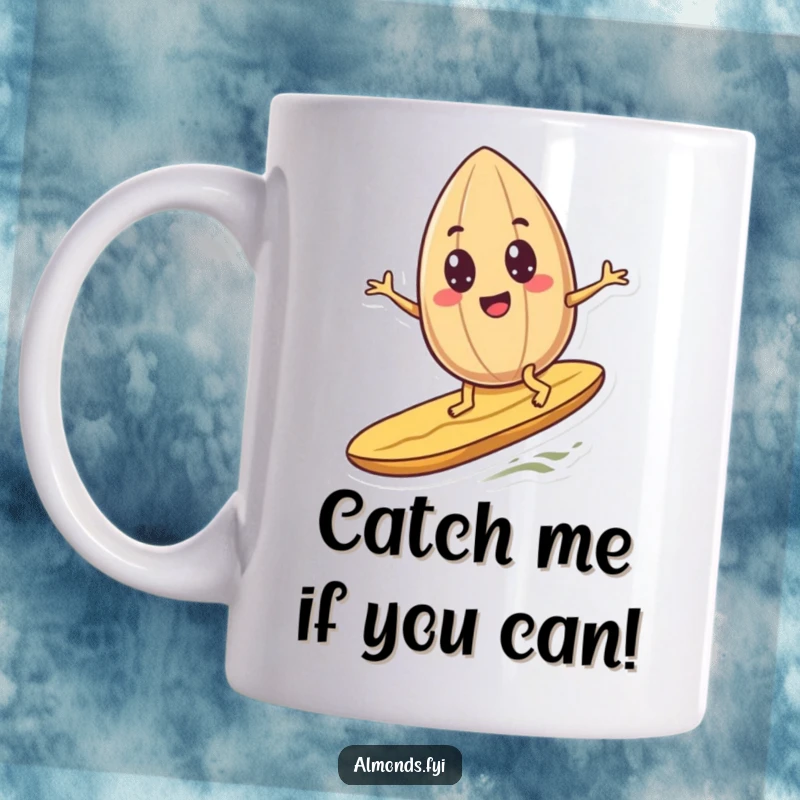 Funny googly-eyed almond character joyfully surfing on a peanut, showcasing a whimsical and adventurous spirit on this hilarious mug.